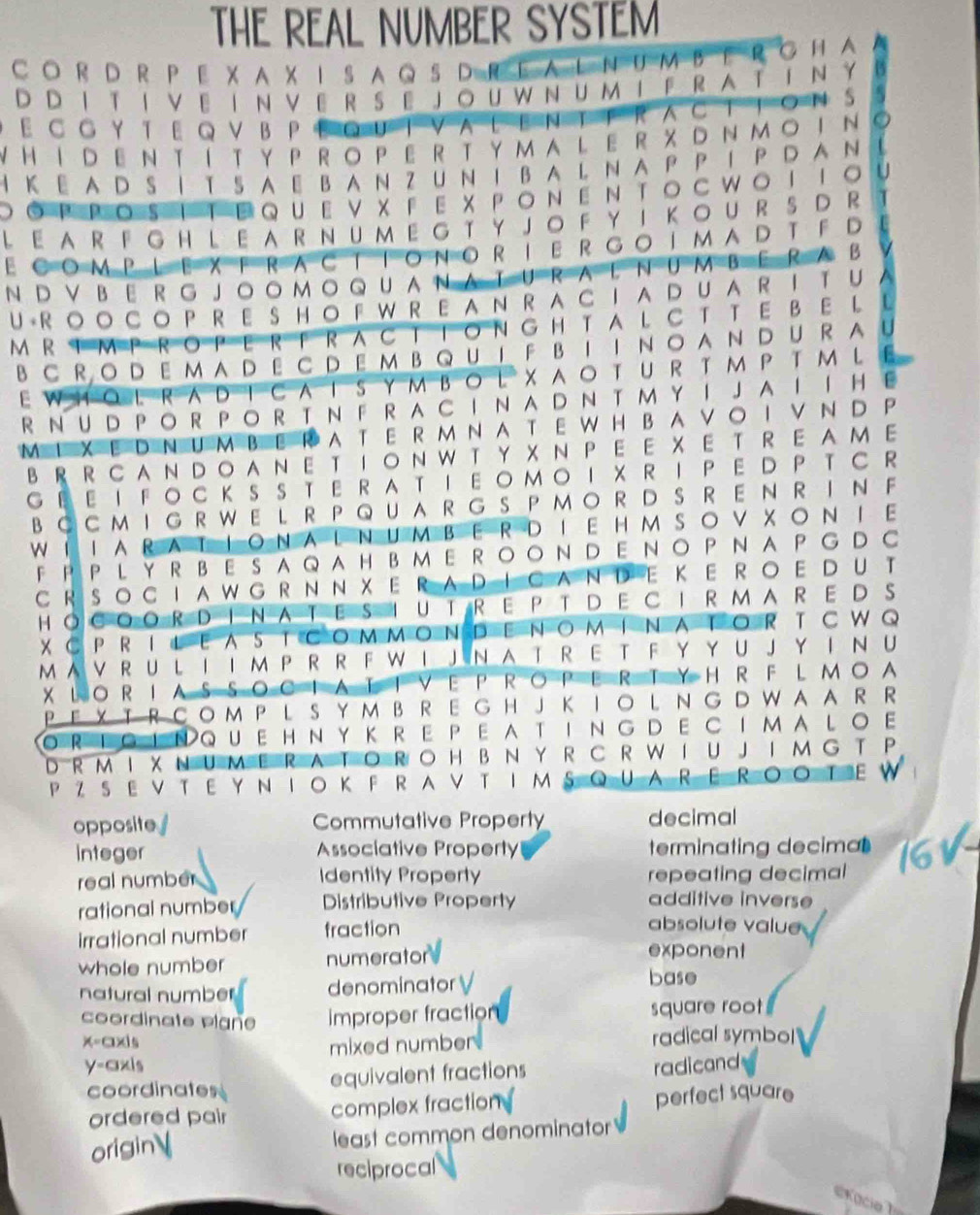 THE REAL NUMBER SYSTEM
CORD R PΕ XAXISAQSDREALNUMBEROHA
DDITIVEInVERSeJouWnUmIFRaTiNY 4
D Ε C G Y TeqV βΡé Q U I Va lEN T TRaC T Ιo Ν S
VHIDEntityPRoPERTymalER XDΝmoiΝ
4кΕ ADST 5AΕ BAN Z UN Ι βALNA P P íP DAN U
DoPPositΕqueν χfeχΡοΝΕntocwoIi。
L E AR F GH L E AR NUM E G T Y JO F YI KOUR S D R I
ECOMPLEXFRACTIONORIERGOIMADTFD
NDVBERG Jo○MoQUANATURALNUMBΕRAB
U -RO O CO P R E SHO F W R E A N R A CIA D U A R I TU A
M RIMPRoPeRfractTon ghtalCT Te bE lL
BCRodema decdem bqutFβiino andurau
EWHoL RaD ICaTSY MBoL XaoTUR TM P TM LE
R NU D PO R PO R  T N F R A C IN A D NT M Y I JAI IHE
MIXEDNUmBERatERMnatEWHBavoIVND P
BRR CANDO ANE TIONW T Y XN P E E XE T R E AM E
GΕEI FOCKSS TE RA TIΕOMOI X R I P E D P TC R
BCCMIG RWEL R PQUA RG S P MO R D S R E N R  I N F
WIIARATΙONALNUMBERDIE HMSOV XONΙ E
F  P PLY R BESAQAHBME ROOND E N○ P NA PG DC
CRSOCIAWGRNN XERADICANDE ΚE R。EDU T
HO GOORD INATES I UT R E P T D E C I R MA R E D S
X CPR ILEASTCOMMON DENOMINATOR TCWQ
M A VR U LI I M P R R FW I J N A T R E T F Y Y U J Y I N U
X LO R IAS SO○IA TTVE P R○P E R TY H R F L MO A
PΕ XT RCO M  P  L S Y M  B R E G HJ K IO L N G D W A A R R
ORΤGIN QUEHNYKRE PΕATINGDECIMAL。E
DRM I XNUMERA TO RO H BN Y R  C R W IU J I M G T  P
P ZSEVTΕYNΙOK F RAV T IMSQUARΕROO TEW
opposite. Commutative Property decimal
Integer Associative Property terminating decima
real number Identity Property repeating decimal
rational number Distributive Property
additive inverse
irrational number fraction
absolute value
whole number numerator
exponent
natural number denominator V
base
coordinate Plañe improper fraction square root
x-axis radical symbol
y-axis mixed number .
coordinates equivalent fractions
radicand
ordered pair complex fraction perfect square
originV least common denominator
reciprocal
eKacia