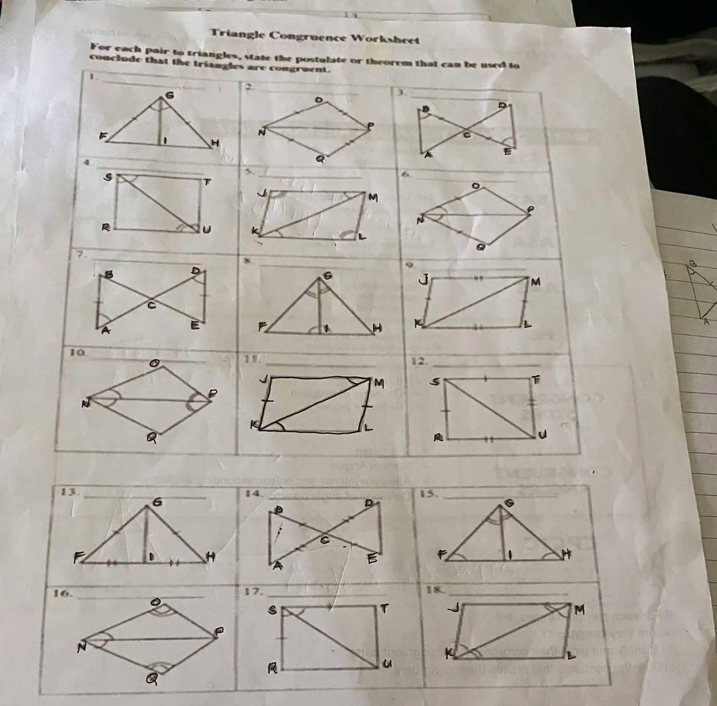 Triangle Congruence Worksheet 
For each pair to triangles,