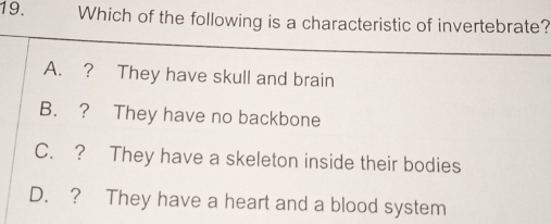 Which of the following is a characteristic of invertebrate?
A. ? They have skull and brain
B. ? They have no backbone
C. ? They have a skeleton inside their bodies
D. ? They have a heart and a blood system