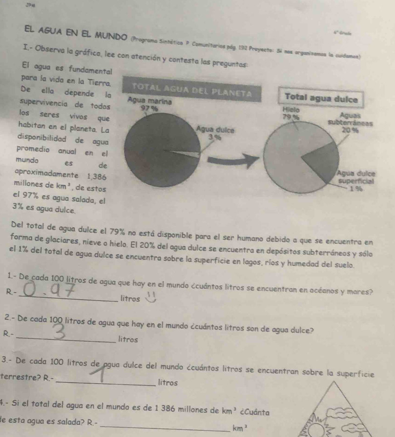 JPA
6° Grade
EL AGUA EN EL MUNDO (Programa Sintético P. Comunitarios pég. 192 Proyecto: 5i nos arganisamos la cuidamas)
I,- Observa la gráfica, lee con atención y contesta las preguntas:
El agua es fundamental
para la vida en la Tier
De ella depende 
supervivencia de tod
los seres vivos q
habitan en el planeta. L
disponibilidad de agu
promedio anual en 
mundo es de
aproximadamente 1,38
millones de km^3 , de esto
el 97% es agua salada, e
3% es agua dulce.
Del total de agua dulce el 79% no está disponible para el ser humano debido a que se encuentra en
forma de glaciares, nieve o hielo. El 20% del agua dulce se encuentra en depósitos subterráneos y sólo
el 1% del total de agua dulce se encuentra sobre la superficie en lagos, ríos y humedad del suelo.
1.- De cada 100 litros de agua que hay en el mundo ¿cuántos litros se encuentran en acéanos y mares?
R.-_ litros
2.- De cada 100 litros de agua que hay en el mundo ¿cuántos litros son de agua dulce?
R.-
_
litros
3.- De cada 100 litros de agua dulce del mundo ¿cuántos litros se encuentran sobre la superficie
terrestre? R.- _litros
4.- Si el total del agua en el mundo es de 1 386 millones de km^3 ¿Cuánta
de esta agua es salada? R.- _ km^3