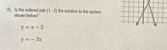 2). Is the ordered pair (1,-2) the solution to the system 
shown below?
y=x-3
y=-3x