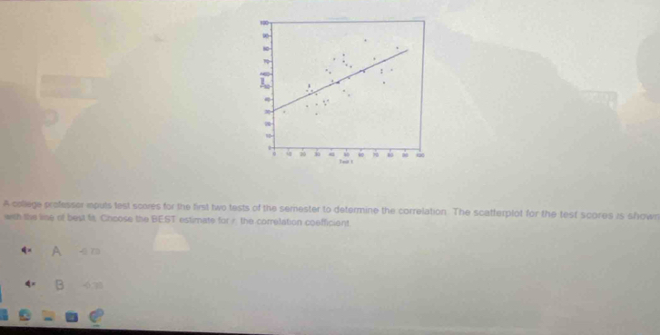 100
90 -
80 -
70
0 80
Teit t
A college professor impuls lest scores for the first two tests of the semester to determine the correlation. The scatterplot for the test scores is shown
with the lise of best 6t, Chcose the BEST estimate for / the correlation coefficient.
A 4 7
B 4 38