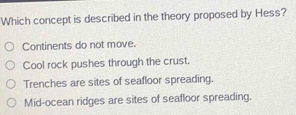 Which concept is described in the theory proposed by Hess?
Continents do not move.
Cool rock pushes through the crust.
Trenches are sites of seafloor spreading.
Mid-ocean ridges are sites of seafloor spreading.