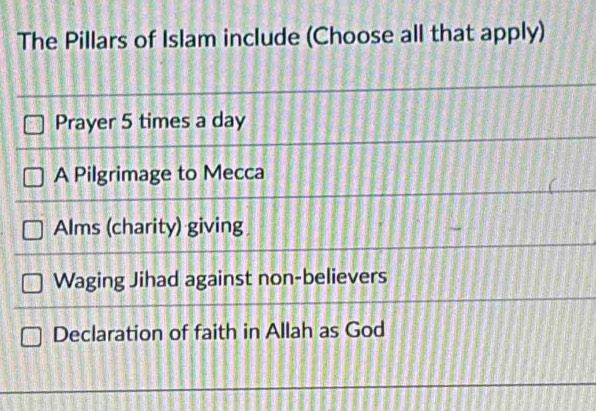 The Pillars of Islam include (Choose all that apply)
Prayer 5 times a day
A Pilgrimage to Mecca
Alms (charity) giving
Waging Jihad against non-believers
Declaration of faith in Allah as God