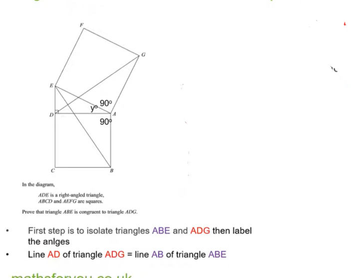 In the diagram,
ADE is a right-angled triangle
ABCD and AEFG are squares.
Prove that triangle ABE is congruent to triangle ADG.
First step is to isolate triangles ABE and ADG then label
the anlges
Line AD of triangle ADG= line AB of triangle ABE
__