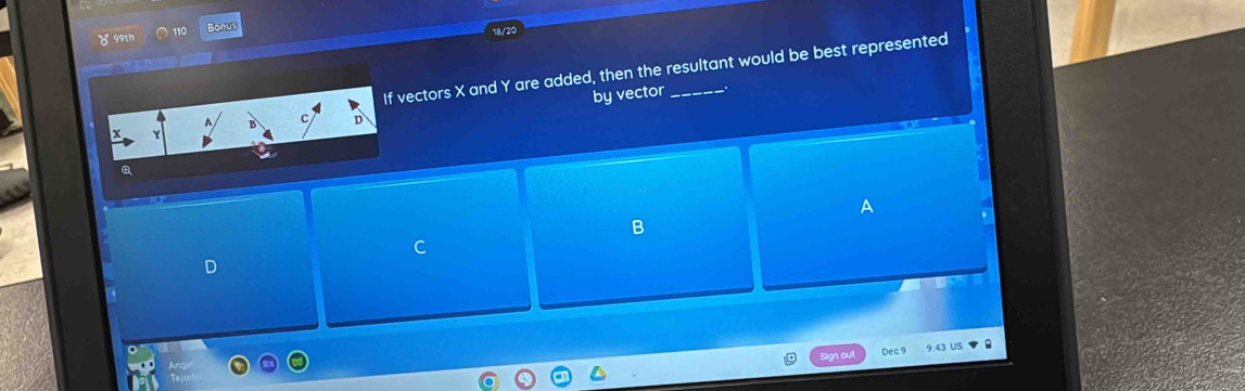 x° 99th Bonus
If vectors X and Y are added, then the resultant would be best represented
by vector
c
Q
A
B
C
D