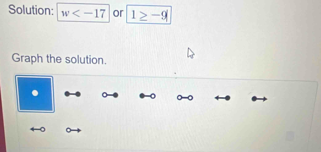 Solution: w or 1≥ -9|
Graph the solution. 
. 
。 。
