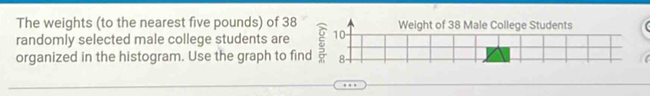 The weights (to the nearest five pounds) of 38 Weight of 38 Male College Students 
randomly selected male college students are 
organized in the histogram. Use the graph to find 5 10
8