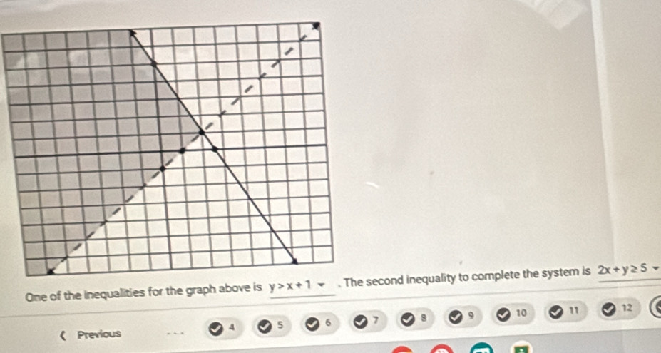 One of the inequalities for the graph above isond inequality to complete the system is 2x+y≥ 5
4 5 6 7 8 9 10 11 12
《 Previous