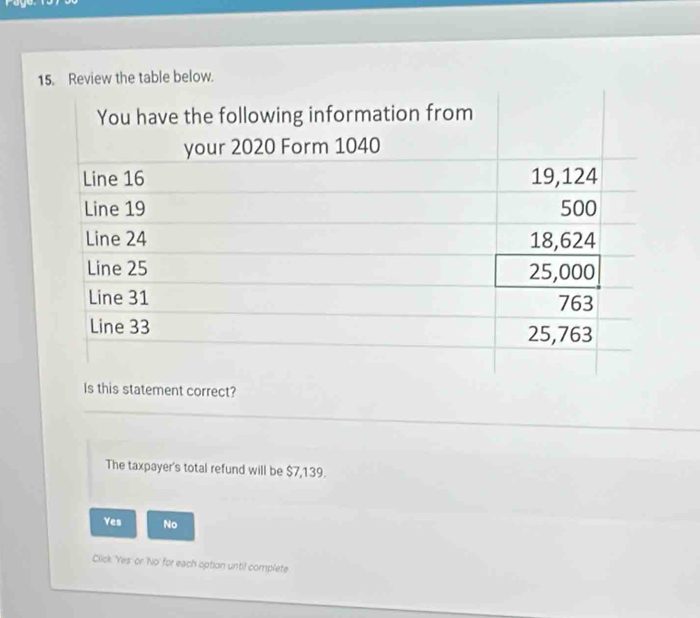 ent correct?
The taxpayer's total refund will be $7,139.
Yes No
Click Yes' or 'No' for each option until complete