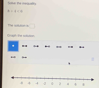 Solve the inequality.
h+4<6</tex> 
The solution is □. 
Graph the solution. 
o