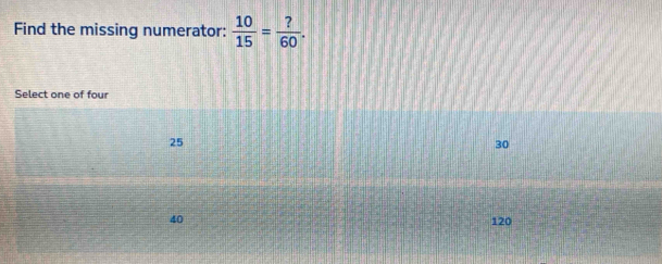 Find the missing numerator:  10/15 = ?/60 .