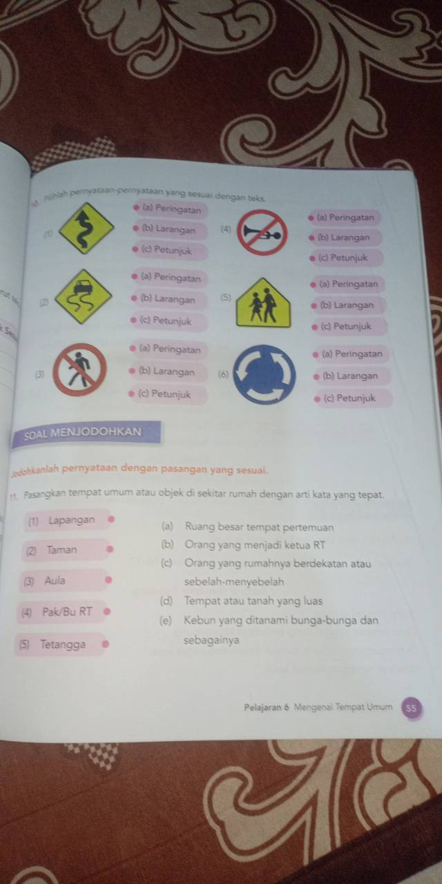 Nhah peryataan-pernyataan yang sesuai dengan teks
(a) Peringatan (a) Peringatan
(1)
(b) Larangan (4) (b) Larangan
(c) Petunjuk
(c) Petunjuk
(a) Peringatan
(a) Peringatan
②
(b) Larangan (5) (b) Larangan
(c) Petunjuk (c) Petunjuk
S
(a) Peringatan (a) Peringatan
(3) (b) Larangan (6) (b) Larangan
(c) Petunjuk (c) Petunjuk
SOAL MENJODOHKAN
edohkanlah pernyataan dengan pasangan yang sesuai.
11. Pasangkan tempat umum atau objek di sekitar rumah dengan arti kata yang tepat.
(1) Lapangan (a) Ruang besar tempat pertemuan
(2) Taman (b) Orang yang menjadi ketua RT
(c) Orang yang rumahnya berdekatan atau
(3) Aula sebelah-menyebelah
(d) Tempat atau tanah yang luas
(4) Pak/Bu RT (e) Kebun yang ditanami bunga-bunga dan
(5) Tetangga sebagainya
Pelajaran 6 Mengenal Tempat Umum 55