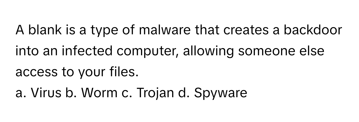 A blank is a type of malware that creates a backdoor into an infected computer, allowing someone else access to your files.

a. Virus b. Worm c. Trojan d. Spyware