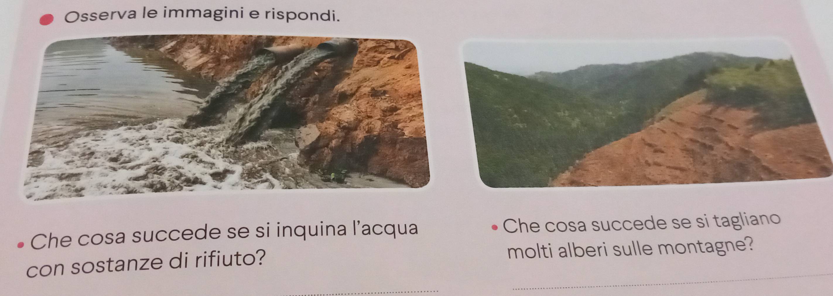 Osserva le immagini e rispondi. 
Che cosa succede se si inquina l'acqua Che cosa succede se si tagliano 
_ 
con sostanze di rifiuto? molti alberi sulle montagne? 
_