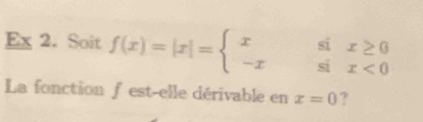 Ex 2. Soit f(x)=|x|=beginarrayl xsin x≥ 0 -xsin x<0endarray.
La fonction f est-elle dérivable en x=0 ?