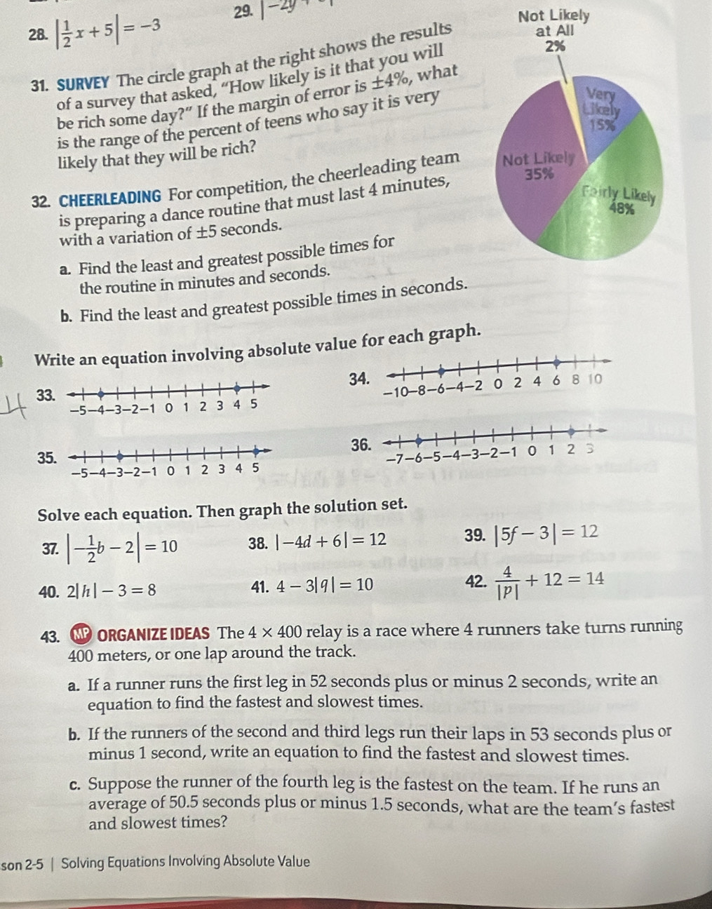 | 1/2 x+5|=-3 29. |-2y+4
Likely 
31. SURVEY The circle graph at the right shows the results 
of a survey that asked, “How likely is it that you will 
be rich some day?” If the margin of error is . ± 4% , what 
is the range of the percent of teens who say it is very 
likely that they will be rich? 
32. CHEERLEADING For competition, the cheerleading team 
is preparing a dance routine that must last 4 minutes, 
with a variation of ±5 seconds. 
a. Find the least and greatest possible times for 
the routine in minutes and seconds. 
b. Find the least and greatest possible times in seconds. 
Write an equation involving absolute value for each graph.
3
3

33 
Solve each equation. Then graph the solution set. 
37. |- 1/2 b-2|=10 38. |-4d+6|=12 39. |5f-3|=12
40. 2|h|-3=8 41. 4-3|q|=10
42.  4/|p| +12=14
43. ORGANIZE IDEAS The 4* 400 relay is a race where 4 runners take turns running
400 meters, or one lap around the track. 
a. If a runner runs the first leg in 52 seconds plus or minus 2 seconds, write an 
equation to find the fastest and slowest times. 
b. If the runners of the second and third legs run their laps in 53 seconds plus or 
minus 1 second, write an equation to find the fastest and slowest times. 
c. Suppose the runner of the fourth leg is the fastest on the team. If he runs an 
average of 50.5 seconds plus or minus 1.5 seconds, what are the team’s fastest 
and slowest times? 
son 2-5 | Solving Equations Involving Absolute Value