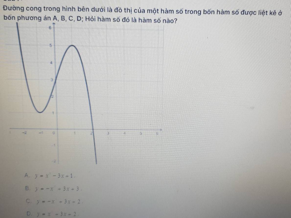 Đường cong trong hình bên dưới là đồ thị của một hàm số trong bốn hàm số được liệt kê ở
bốn phương án A, B, C, D; Hỏi h
A. y=x^3-3x+1.
B. y=-x^2+3x+3.
C. y=-x^2+3x-2.
D. y=x^2-3x-2.