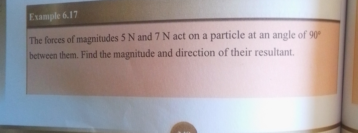 Example 6.17 
The forces of magnitudes 5 N and 7 N act on a particle at an angle of 90°
between them. Find the magnitude and direction of their resultant.