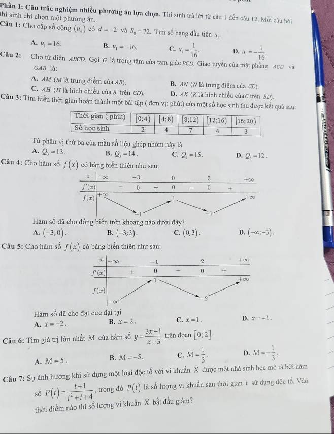 Phần I: Câu trắc nghiệm nhiều phương án lựa chọn. Thí sinh trả lời từ câu 1 đến câu 12. Mỗi câu hồi
thí sinh chỉ chọn một phương án.
Câu 1: Cho cấp số cộng (u_n) có d=-2 và S_8=72.. Tìm số hạng đầu tiên u_1
A. u_1=16. B. u_1=-16. C. u_1= 1/16 . D. u_1=- 1/16 .
Câu 2: Cho tử diện ABCD. Gọi G là trọng tâm của tam giác BCD. Giao tuyến của mặt phẳng ACD và
GAB là:
A. AM (M là trung điểm của AB). B. AN (N là trung điểm của CD).
C. AH (H là hình chiếu của 8 trên CD). D. AK (K là hình chiếu củaC trên BD).
Câu 3: Tìm hiểu thời gian hoàn thành một bài tập ( đơn vị: phút) của một số học sinh thu được kết quả sau:
Tứ phân vị thứ ba của mẫu số liệu ghép nhóm này là
5
A. Q_3=13. B. Q_3=14. C. Q_3=15. D. Q_3=12.
Câu 4: Cho hàm số f(x) có bảng biển thiên như sau:
Hàm số đã cho đồng biến trên khoảng nào dưới đây?
A. (-3;0). B. (-3;3). C. (0;3). D. (-∈fty ;-3).
Câu 5: Cho hàm số f(x) có bảng biển thiên như sau:
Hàm số đã cho đạt cực đại tại
A. x=-2. B. x=2. C. x=1. D. x=-1.
Câu 6: Tìm giá trị lớn nhất Mô của hàm số y= (3x-1)/x-3  trên đoạn [0;2].
A. M=5. B. M=-5. C. M= 1/3 . D. M=- 1/3 .
Câu 7:S Sự ảnh hưởng khi sử dụng một loại độc tố với vi khuẩn X được một nhà sinh học mô tả bởi hàm
số P(t)= (t+1)/t^2+t+4  , trong đó P(t) là số lượng vi khuẩn sau thời gian  sử dụng độc tổ. Vào
thời điểm nào thì số lượng vi khuẩn X bắt đầu giảm?