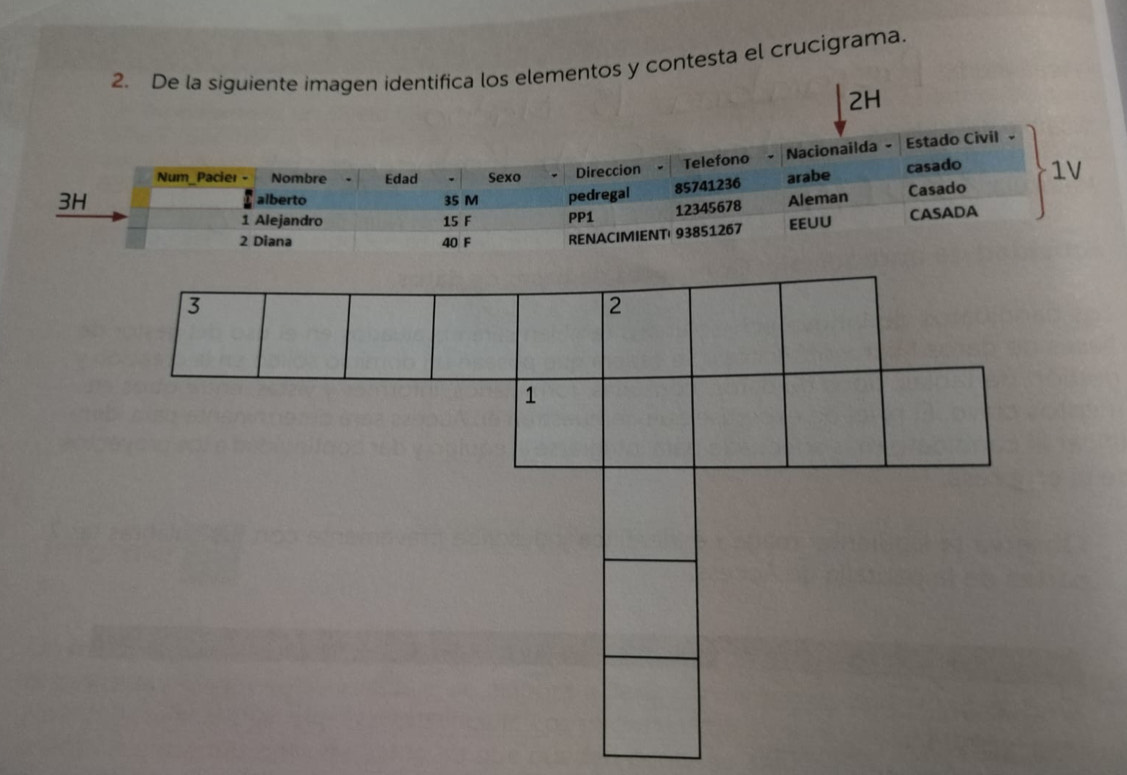 De la siguiente imagen identifica los elementos y contesta el crucigrama.
2H
3
2
1