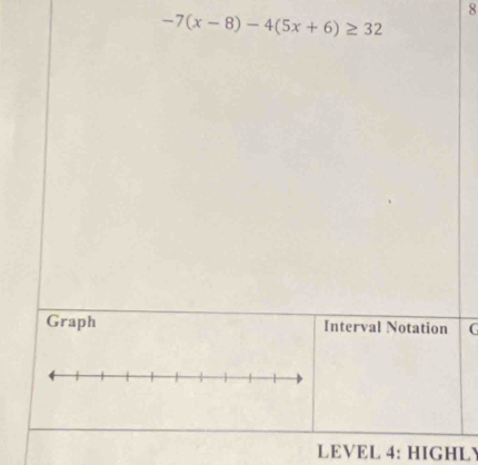 8
-7(x-8)-4(5x+6)≥ 32
Graph Interval Notation G 
LEVEL 4: HIGHLY