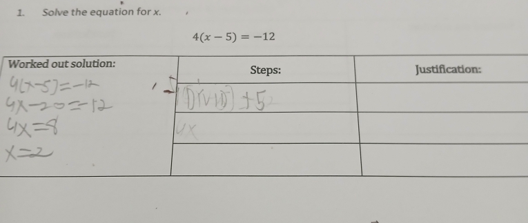 Solve the equation for x.
4(x-5)=-12