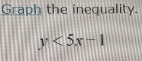 Graph the inequality.
y<5x-1</tex>