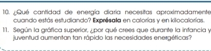 ¿Qué cantidad de energía diaria necesitas aproximadamente 
cuando estás estudiando? Exprésala en calorías y en kilocalorías. 
11. Según la gráfica superior, ¿por qué crees que durante la infancia y 
juventud aumentan tan rápido las necesidades energéticas?