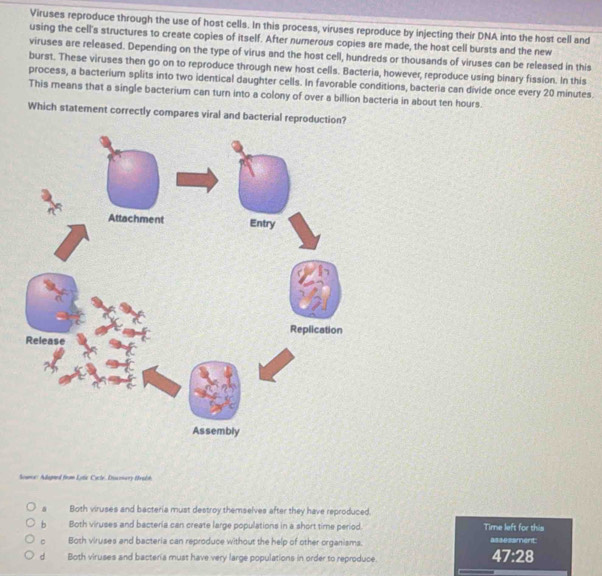 Viruses reproduce through the use of host cells. In this process, viruses reproduce by injecting their DNA into the host cell and
using the cell's structures to create copies of itself. After numerous copies are made, the host cell bursts and the new
viruses are released. Depending on the type of virus and the host cell, hundreds or thousands of viruses can be released in this
burst. These viruses then go on to reproduce through new host cells. Bacteria, however, reproduce using binary fission. In this
process, a bacterium splits into two identical daughter cells. In favorable conditions, bacteria can divide once every 20 minutes.
This means that a single bacterium can turn into a colony of over a billion bacteria in about ten hours.
Which statement correctly compares viral and bacterial reproduction?
Souns: Adagned from Lytic Cacle Dissonary Hrelh
a Both viruses and bacteria must destroy themselves after they have reproduced.
b Both viruses and bacteria can create large populations in a short time period. Time left for this
。 Both viruses and bacteria can reproduce without the help of other organisms. as sessment
d Both viruses and bacteria must have very large populations in order to reproduce.
47:28