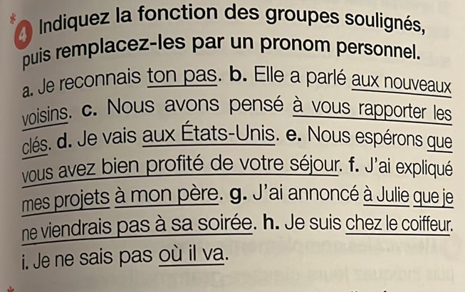 Indiquez la fonction des groupes soulignés, 
puis remplacez-les par un pronom personnel. 
a. Je reconnais ton pas. b. Elle a parlé aux nouveaux 
voisins. c. Nous avons pensé à vous rapporter les 
clés. d. Je vais aux États-Unis. e. Nous espérons que 
vous avez bien profité de votre séjour. f. J'ai expliqué 
mes projets à mon père. g. J'ai annoncé à Julie que je 
ne viendrais pas à sa soirée. h. Je suis chez le coiffeur. 
i. Je ne sais pas où il va.