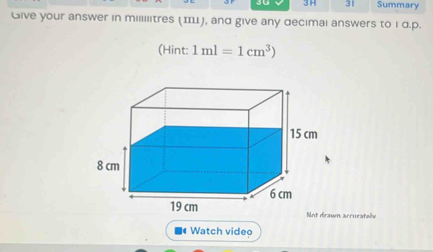 3H 31 
or Summary 
Give your answer in miiiilitres (エμ), and give any decimal answers to i d.p. 
(Hint: 1ml=1cm^3)
wn accurately 
Watch video