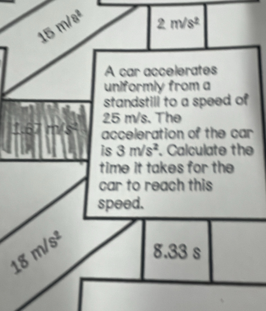 15m/s^2
2m/s^2
A car accelerates 
uniformly from a 
standstill to a speed of
25 m/s. The 
acceleration of the car 
is 3m/s^2. Calculate the 
time it takes for the 
car to reach this 
speed.
18m/s^2
8.33 s