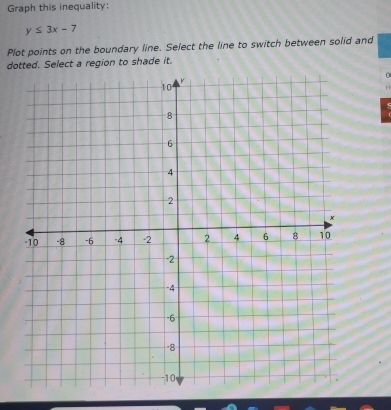 Graph this inequality:
y≤ 3x-7
Plot points on the boundary line. Select the line to switch between solid and 
dotted. Select a region to shade it.