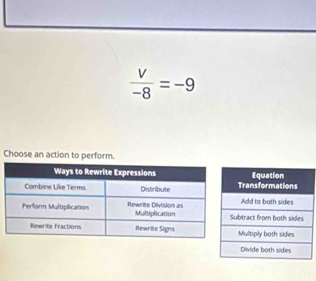  V/-8 =-9
Choose an action to perform.