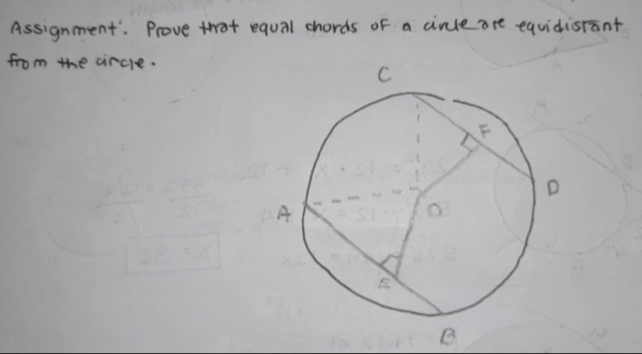 Assignment. Prove that equal chords of a circle are equidisrant 
from the circle.