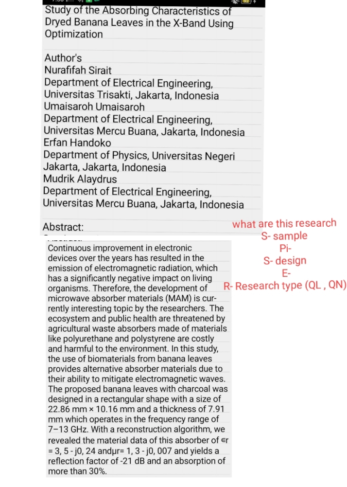 Study of the Absorbing Characteristics of
Dryed Banana Leaves in the X -Band Using
Optimization
Author's
Nurafifah Sirait
Department of Electrical Engineering,
Universitas Trisakti, Jakarta, Indonesia
Umaisaroh Umaisaroh
Department of Electrical Engineering,
Universitas Mercu Buana, Jakarta, Indonesia
Erfan Handoko
Department of Physics, Universitas Negeri
Jakarta, Jakarta, Indonesia
Mudrik Alaydrus
Department of Electrical Engineering,
Universitas Mercu Buana, Jakarta, Indonesia
Abstract: what are this research
S- sample
Continuous improvement in electronic Pi-
devices over the years has resulted in the
emission of electromagnetic radiation, which S- design
E-
has a significantly negative impact on living
organisms. Therefore, the development of R- Research type (QL,QN)
microwave absorber materials (MAM) is cur-
rently interesting topic by the researchers. The
ecosystem and public health are threatened by
agricultural waste absorbers made of materials
like polyurethane and polystyrene are costly
and harmful to the environment. In this study,
the use of biomaterials from banana leaves
provides alternative absorber materials due to
their ability to mitigate electromagnetic waves.
The proposed banana leaves with charcoal was
designed in a rectangular shape with a size of
22.86mm* 10.16 mm and a thickness of 7.91
mm which operates in the frequency range of
7-13 GHz. With a reconstruction algorithm, we
revealed the material data of this absorber of ∈r
=3,5-j0,24 andμ ar=1,3-j0,007 and yields a
reflection factor of -21 dB and an absorption of
more than 30%.