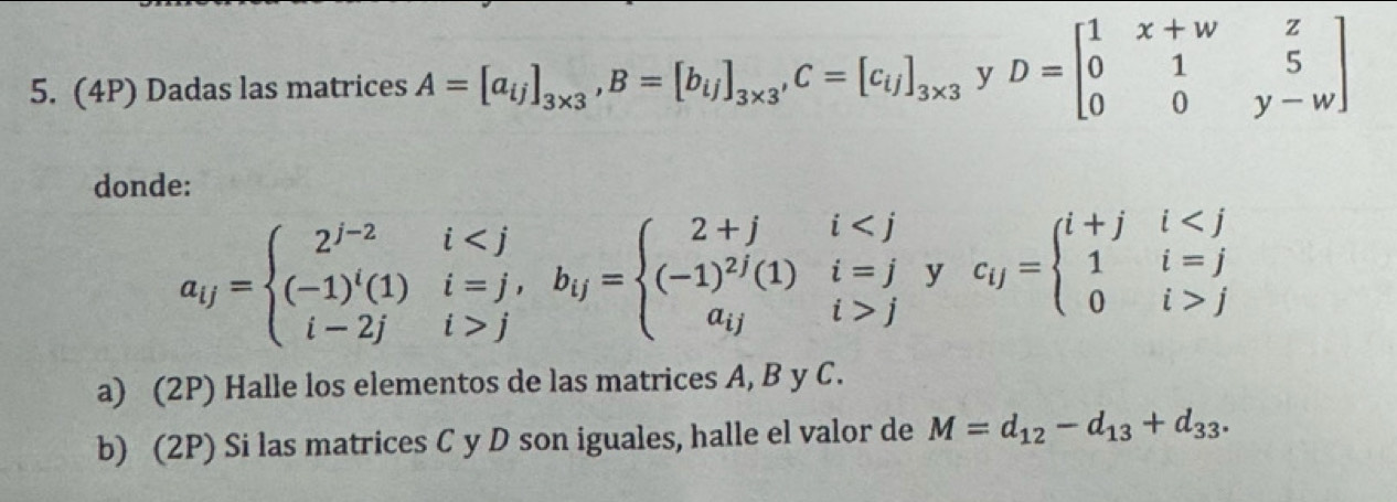 (4P) Dadas las matrices A=[a_ij]_3* 3, B=[b_ij]_3* 3, C=[c_ij]_3* 3 y D=beginbmatrix 1&x+w&z 0&1&5 0&0&y-wendbmatrix
donde:
a_ij=beginarrayl 2^(j-2)i , b_ij=beginarrayl 2+ji yc_ij=beginarrayl i+j&i jendarray.  
a) (2P) Halle los elementos de las matrices A, B y C. 
b) (2P) Si las matrices C y D son iguales, halle el valor de M=d_12-d_13+d_33.