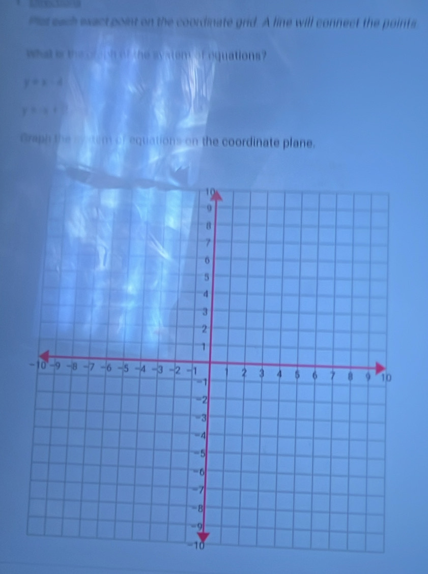 Pst each wact point on the coordinate grid. A line will connect the points 
what e the braph of the system of equations?
y=x-4
y=a+1
Graph the sysem of equations on the coordinate plane.