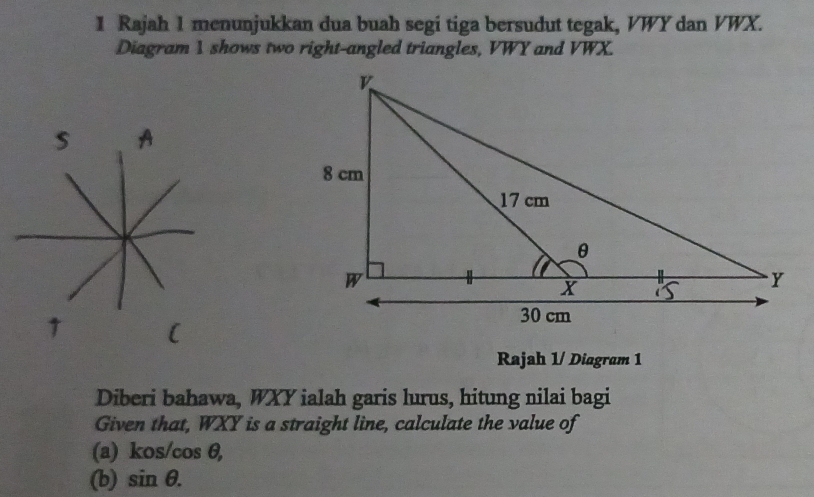 Rajah 1 menunjukkan dua buah segi tiga bersudut tegak, VWY dan VWX. 
Diagram 1 shows two right-angled triangles, VWY and VWX. 
1 ( 
Rajah 1/ Diagram 1 
Diberi bahawa, WXY ialah garis lurus, hitung nilai bagi 
Given that, WXY is a straight line, calculate the value of 
(a) kos/cos θ, 
(b) sin θ.