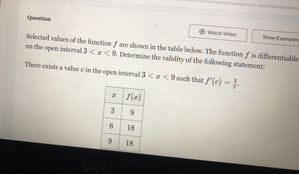 Question Watch Video
Show Examples
on the open interval Selected values of the function f are shown in the table below. The function f is differentiable
3 . Determine the validity of the following statement:
There exists a value c in the open interval 3 such that f'(c)= 3/2 .