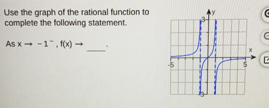 Use the graph of the rational function to
complete the following statement.
As xto -1^- f(x)to _ 