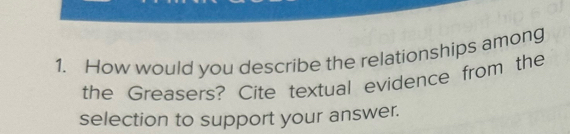 How would you describe the relationships among 
the Greasers? Cite textual evidence from the 
selection to support your answer.