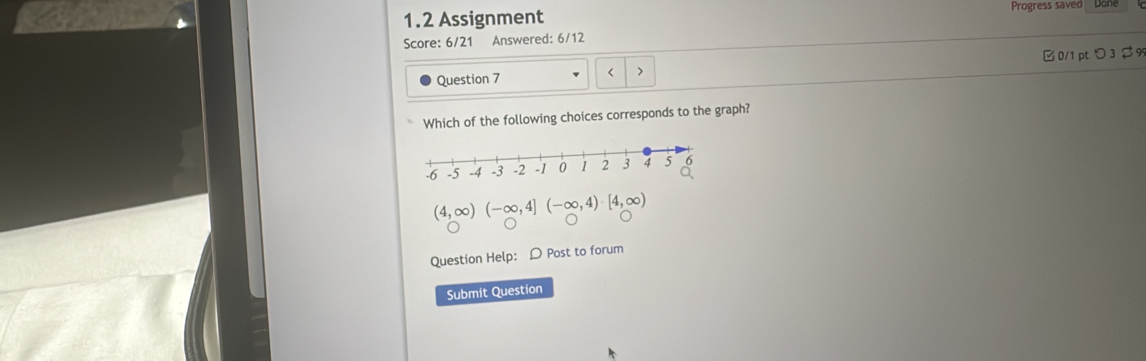 1.2 Assignment Progress saved Dane 
Score: 6/21 Answered: 6/12 
Question 7 < > □ 0/1 ptつ 3 29 
Which of the following choices corresponds to the graph?
(4,∈fty )(-∈fty ,4](-∈fty ,4)· [4,∈fty )
Question Help: D Post to forum 
Submit Question