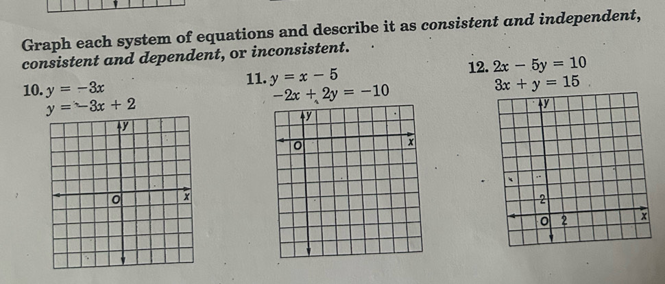 Graph each system of equations and describe it as consistent and independent, 
consistent and dependent, or inconsistent. 
12. 2x-5y=10
11. y=x-5
10. y=-3x
3x+y=15
y=-3x+2
-2x+2y=-10