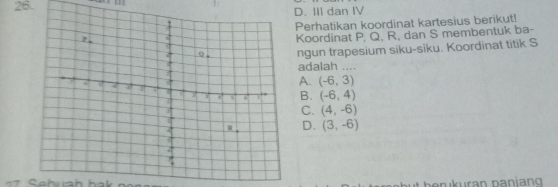 1
D. III dan IV
Perhatikan koordinat kartesius berikut!
Koordinat P, Q, R, dan S membentuk ba-
ngun trapesium siku-siku. Koordinat titik S
adalah ....
A. (-6,3)
B. (-6,4)
C. (4,-6)
D. (3,-6)
t berukuran paniang