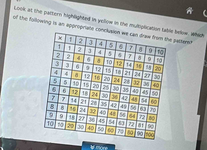 Look at the pattern highlighted in yellow in the multiplication e below. Which 
of the following is an appropriate co pattern? 
more