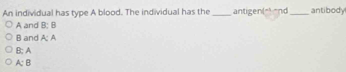 An individual has type A blood. The individual has the_ antigen(▲ and antibody
A and B; B
B and A: A
B; A
A; B