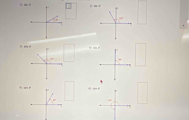  1/2  2) sin θ
y
120°
+
3) 
4) sin θ
y
90°
5) 
6) cos θ
y
270°
x