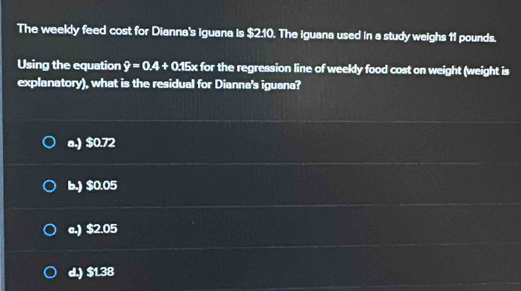 The weekly feed cost for Dianna's iguana is $2.10. The iguana used in a study weighs 11 pounds.
Using the equation hat y=0.4+0.15x for the regression line of weelly food cost on weight (weight is
explanatory), what is the residual for Dianna's iguana?
a.) $0.72
b.) $0.05
e.) $2.05
d.) $1.38